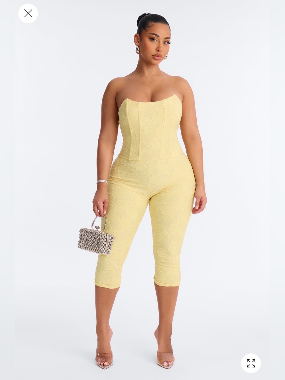Fashion Nova Strapless butter Yellow Lace Capri Jumpsuit